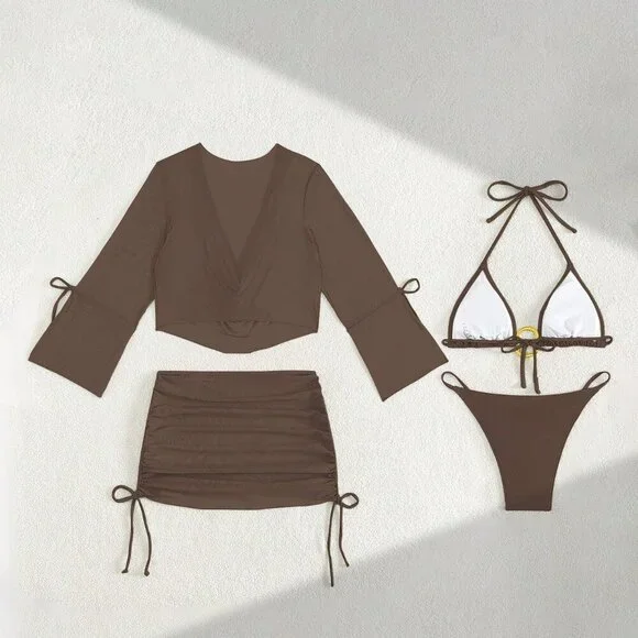 Elegant Brown Women's Beach Set with Bikini Skirt 4 piece coord set - Picture 5 of 5